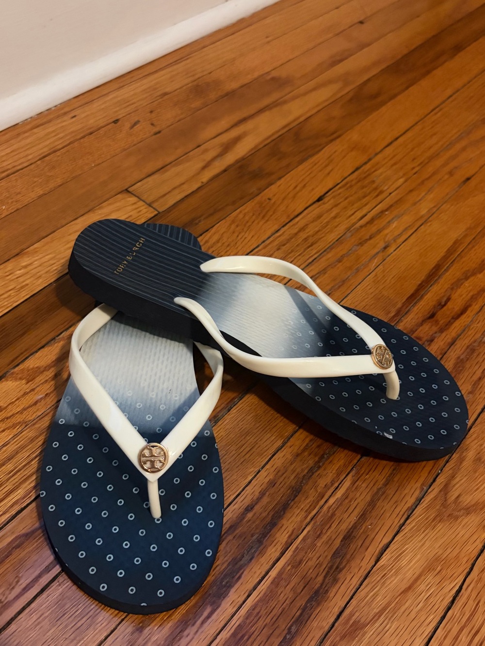 Tory Burch Navy Ombre Flip Flops with Ivory Straps and Gold Logo